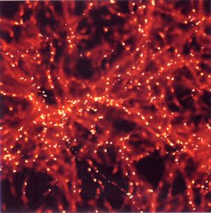 Computersimulatie en artist impression van de eerste sterren in het heelal; ze laten hun omgeving oplichten door de ioniserende werking van hun sterke ultraviolet straling  