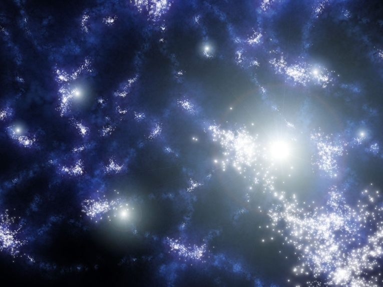 Computersimulatie en artist impression van de eerste sterren in het heelal. Ze laten hun omgeving oplichten door de ioniserende werking van hun sterke ultraviolet straling 