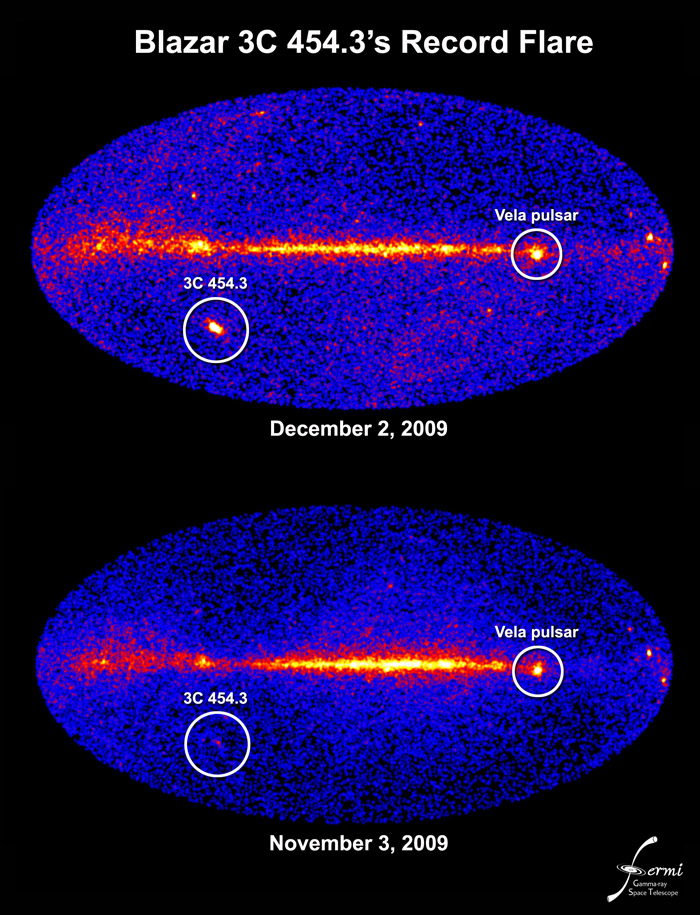 Explosie in gammastraling afkomstig van een massief zwart gat in het stelsel 3C 454