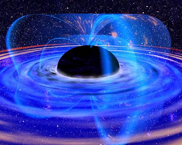 Simulatie van de accretieschijf rond een zwart gat. De snelle rotatie kan worden gemeten aan de hand van variaties in röntgenstraling op tijdschalen van milliseconden. 