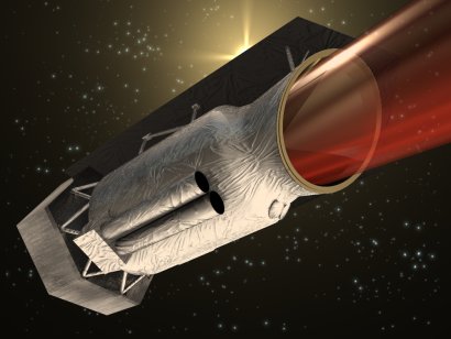 ISO Spacecraft. Artist's impression of the ISO spacecraft, showing also the light path as it enters the telescope.