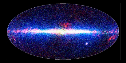 AKARI's view of the infrared sky: sources found at 9 micrometres are represented in blue, at 18 micrometres in green, and at 90 micrometres in red. Credit: JAXA