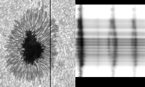 Zeemaneffect (splitsing spectraallijnen) in een sterk magnetisch veld bij een zonnevlek