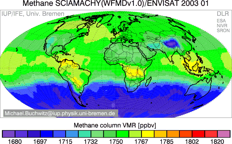 Kaart van atmosferisch methaan via SCIAMACHY 