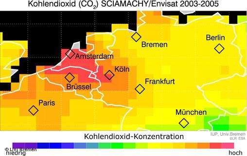 Kooldioxide concentraties boven Nederland en Duitsland via SCIAMACHY