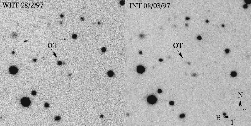 Optical transient fades within a week after the GRB as images with the WHT and INT show (Groot et al., IAUC 6584).