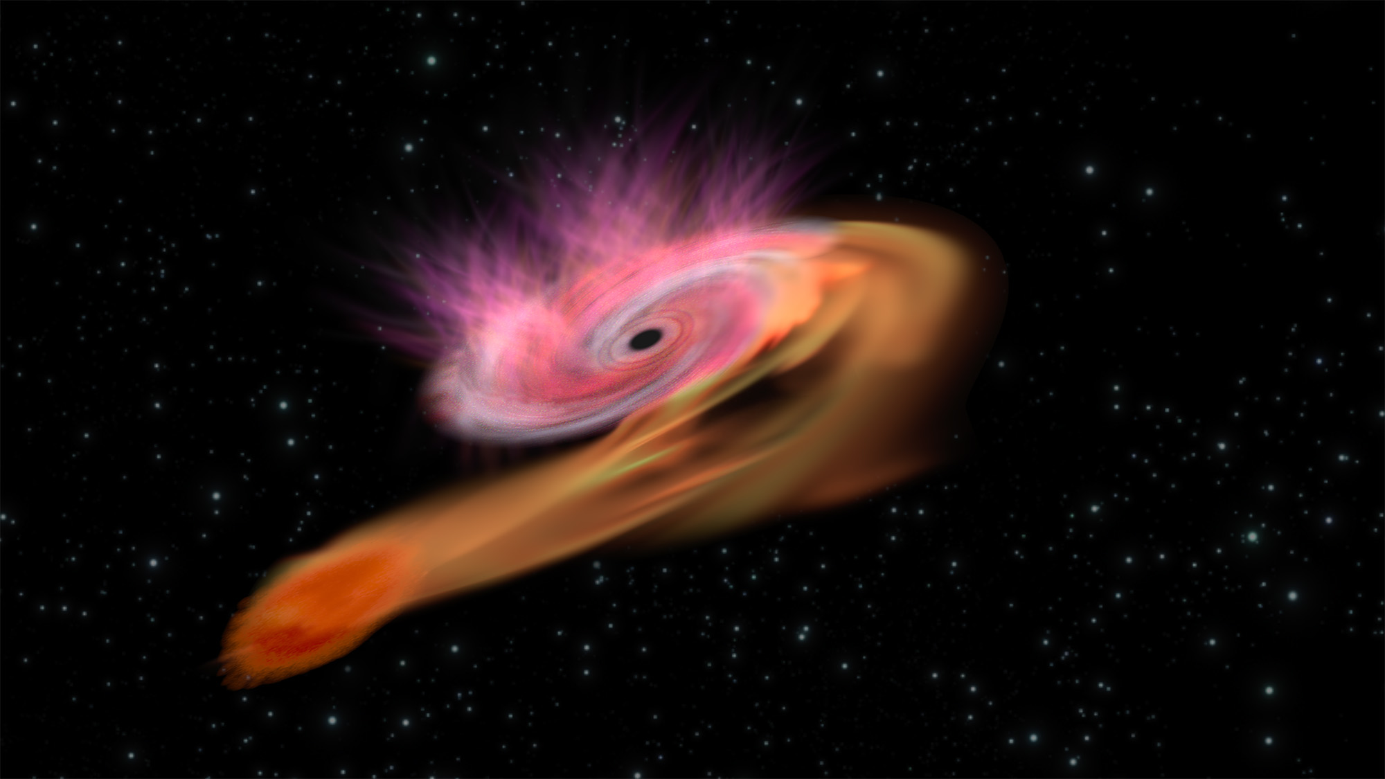 Artist's impression of the supermassive black hole at the centre of a galaxy accreting mass from a star that dared to venture too close to the galaxy's centre. This phenomenon is known as a tidal disruption event (Credit: ESA/C. Carreau)
