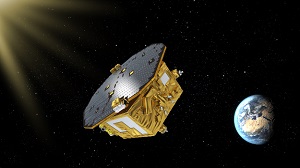 Impressie van LISA Pathfinder, ESA's missie om technologie voor het meten van zwaartekrachtsgolven in de ruimte te testen (ESA/ATG medialab)