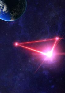 LISA Laser Interferometry Space Antenna displayed in space as a triangle of spacecrafr
