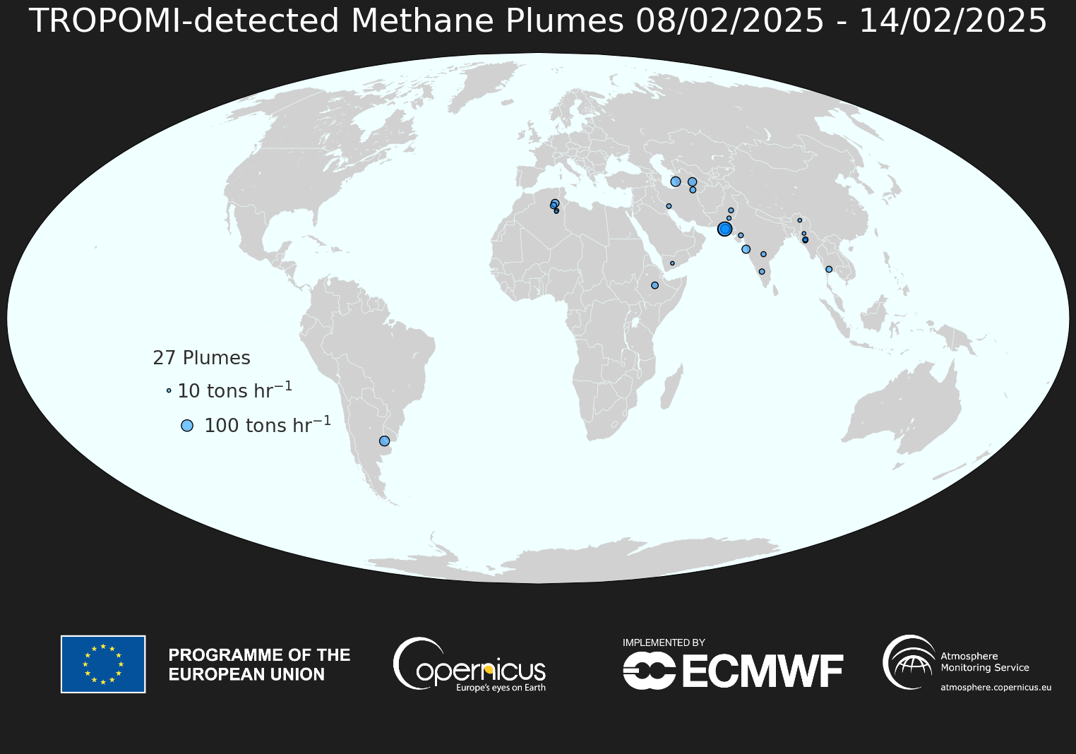 SRON Weekly Methane Plumes week 7, 2025