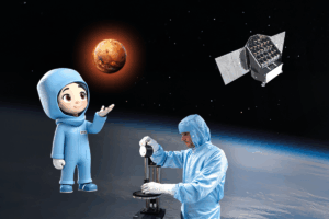 The curious SRON mascot Sam Space looks at a planet and a telescope in space. Below, an SRON researcher works on a new space camera.
