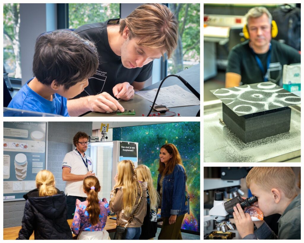 People visiting the Open Days of SRON, and engaging in activities like soldering and demonstrations.