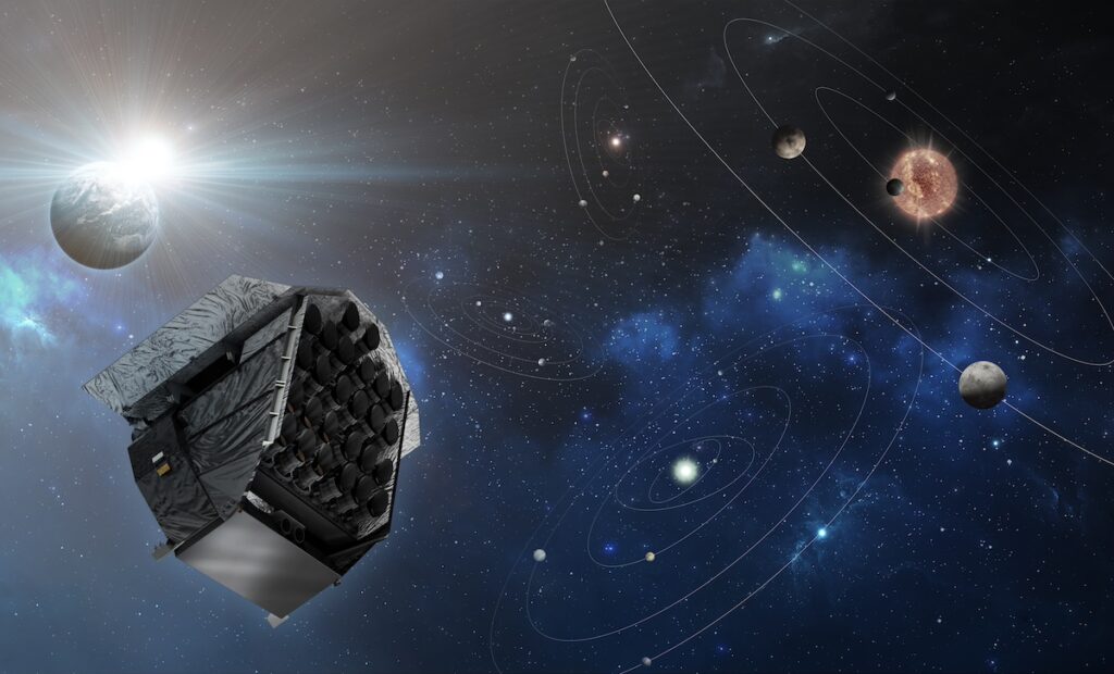 An artists impression of the PLATO spacecraft in space, pointing its camera's towards distant planets.