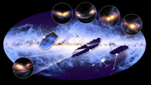 Against a black background, a horizontal oval in bluish colours can be seen, representing our own Milky Way galaxy, plus the space around it. Insets show enlargements of a number of locations, where you can see two galaxies, mostly spiral-shaped, merging with each other.