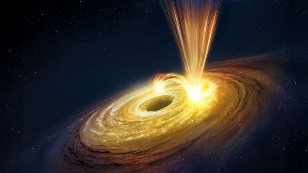 Black hole spewing out material from its accretion disk.