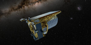 A dark space background with a visual impression of the Euclid satellite: a floating saatellite with gold and silver foil shielding inner mechanisms, and solar panels.