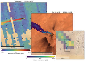 image showing colorful chart with methane plumes over leaking oilfield