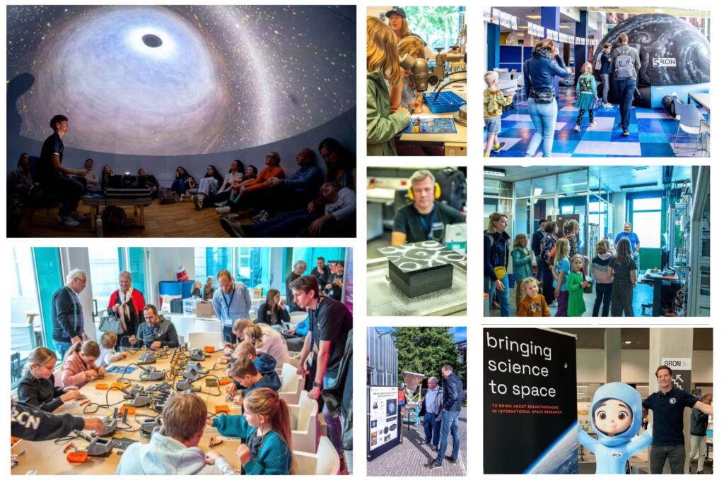 People in an inflatable planetarium dome, and people doing crafts.